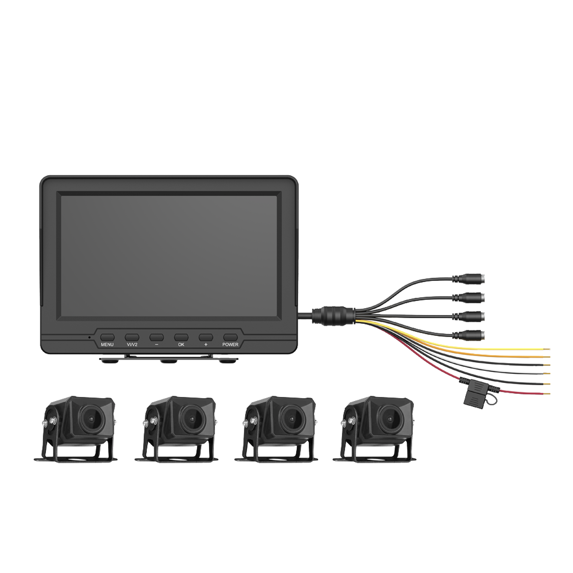 AE-VD2501A-A|Sistema de Monitoreo Local / 4 Cámaras 1080p para Exterior (IP68) y Pantalla LCD de 7" a Color / Memoria Micro SD de 64 GB (Expandible a 512 GB) / Soporta Cambio de Cámara al Dar Reversa al Vehiculo / Accesorios de Instalación